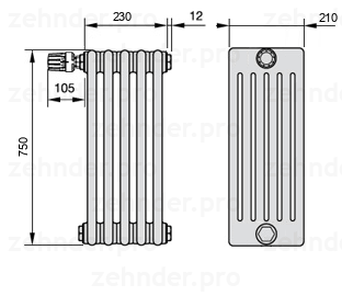 Схема (чертеж) Радиатор Zehnder Charleston 6075/5 №V012 Белый глянцевый RAL 9016